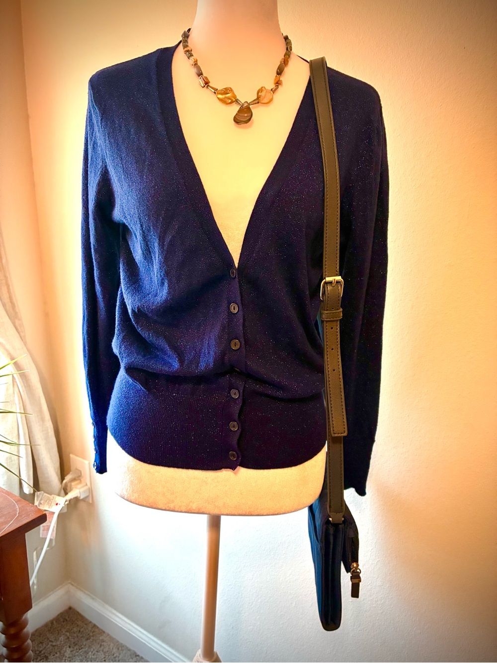 Worthington Navy Sparkle V-Neck Button Cardigan - Petite Medium